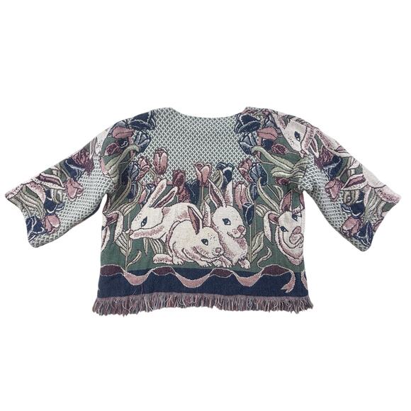 Vtg Sweater Tapestry XXL Bunny Rabbit Art Style Pullover Fringe LP Solutions - Picture 4 of 12